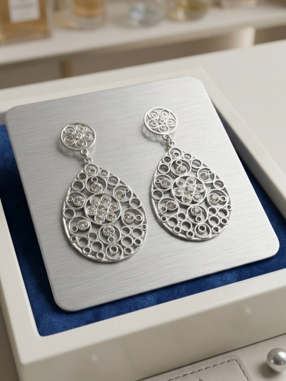 Silver Filigree Teardrop Dangle Earrings with Sparkle - Picture 5 of 16